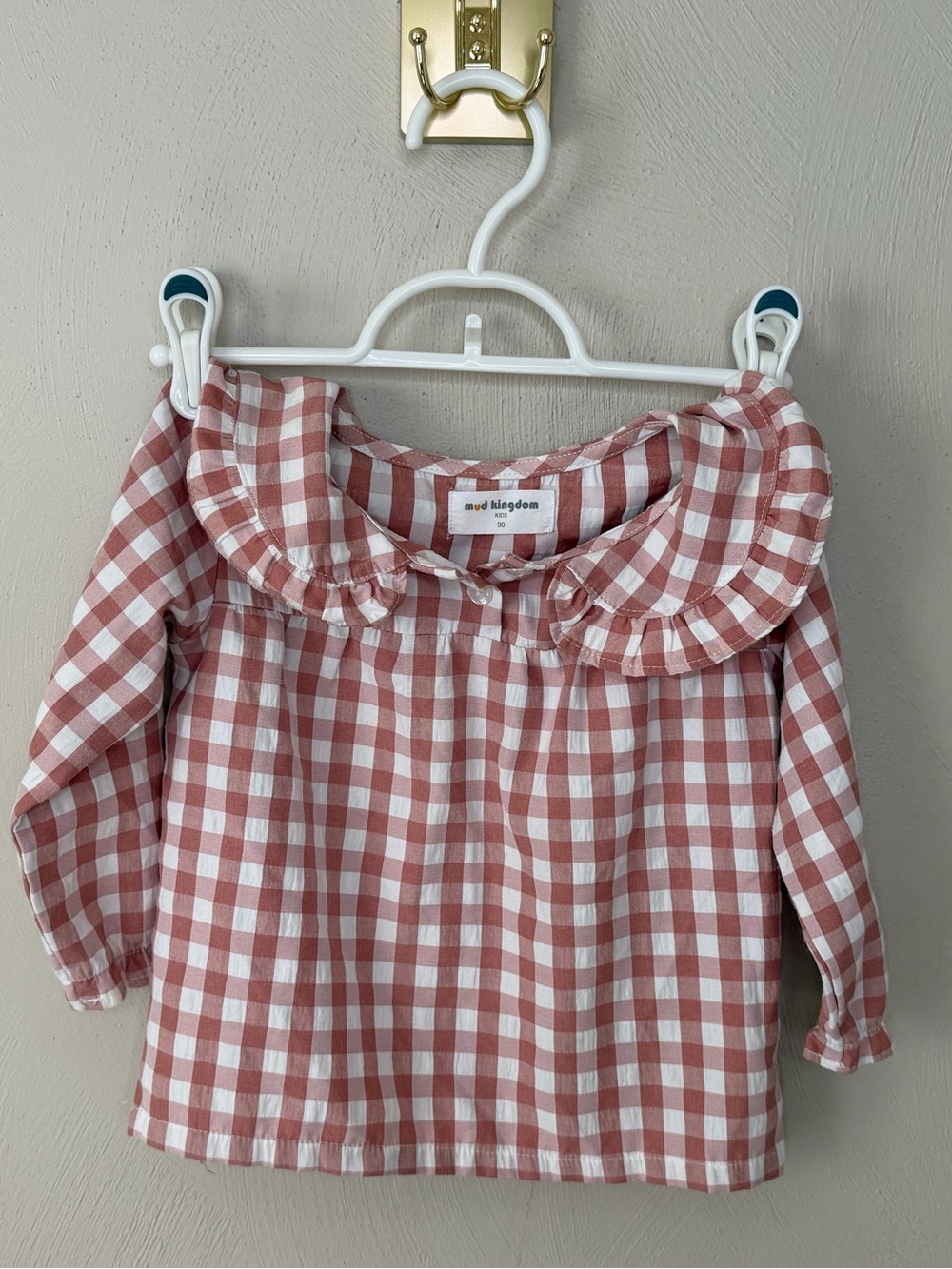 MUD KINGDOM Mauve Pink Gingham Ruffle Peter Pan Collar Girls Top size 90 - 2T